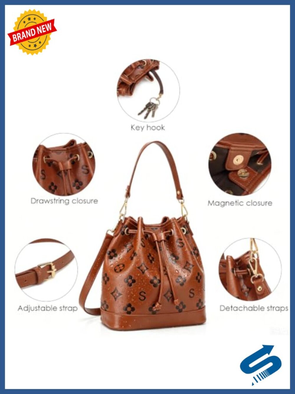 2 Piece Bucket Bag Set Embossed Vegan Leather Crossbody Shoulder Handbag with 2 - Picture 5 of 6